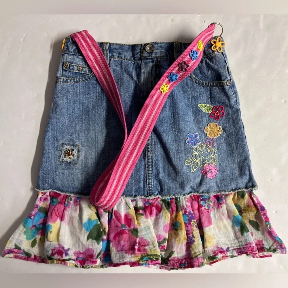 Girl’s Handcrafted Denim Shoulder Bag, Embroidered, Butterfly Lining, Faded Blue